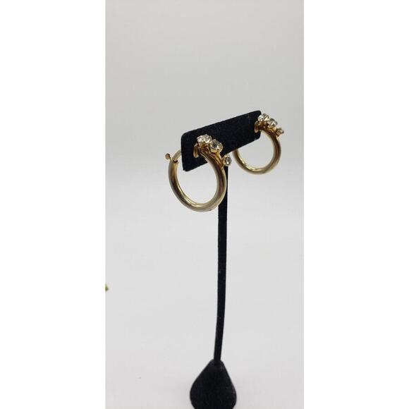 Vintage Antique Gold Hoop Earrings Rhinestones Non Pierced Push Back Clip - Picture 16 of 16